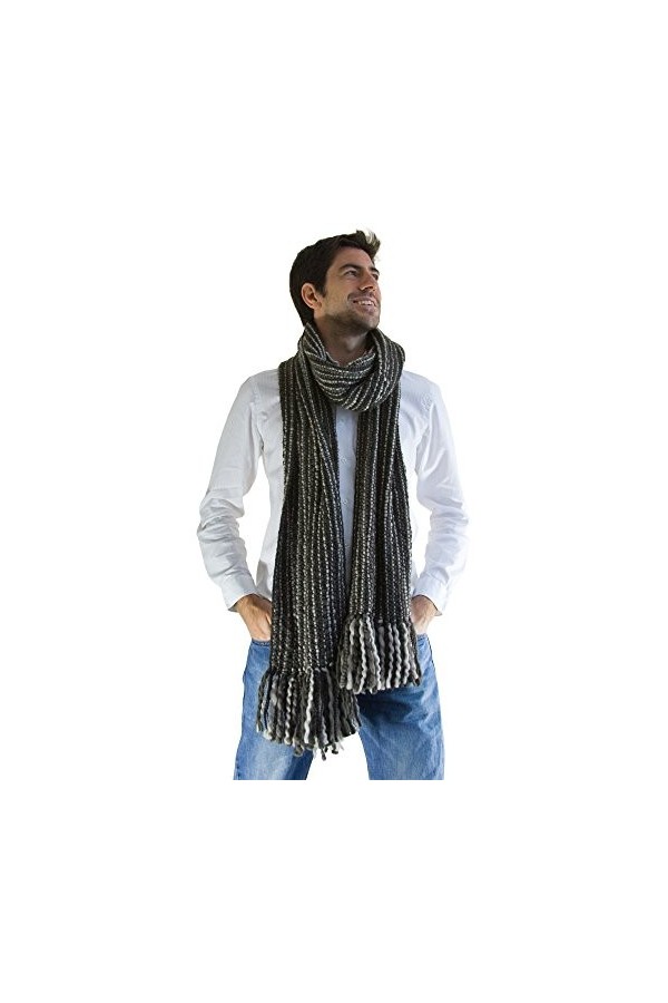 Tumia LAC Echarpe rayée de luxe extra longue, épaisse - Faite à la main et bien chaude - Gris