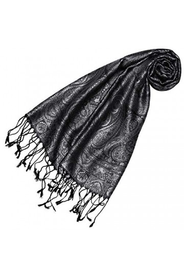 Lorenzo 78645 Cana Écharpe en soie pour femme 100 % soie tissée Motif cachemire Gris/noir