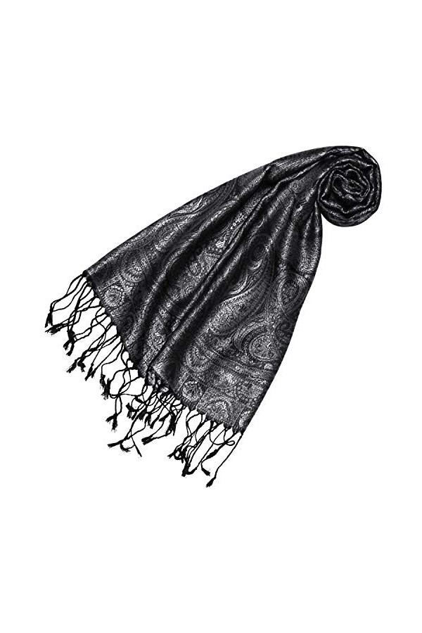 Lorenzo 78645 Cana Écharpe en soie pour femme 100 % soie tissée Motif cachemire Gris/noir