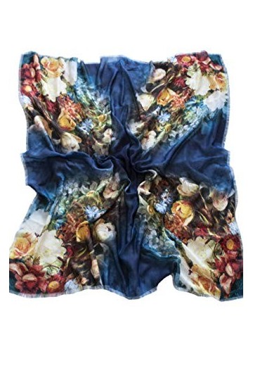 Westlook Grande écharpe carrée en coton peint à la main pour femme 120 x 120 cm, bleu, XXL