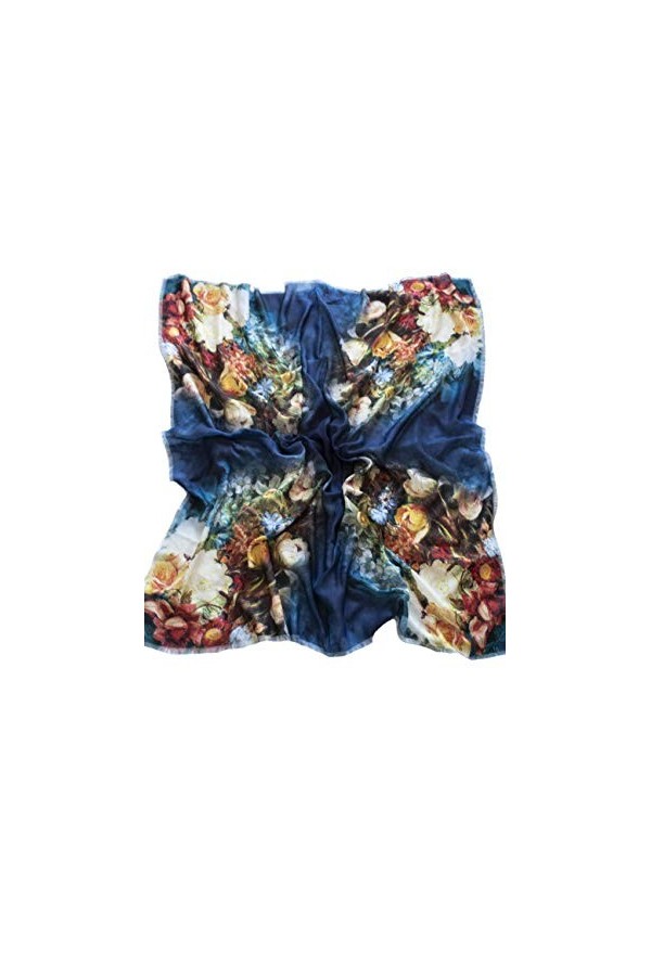 Westlook Grande écharpe carrée en coton peint à la main pour femme 120 x 120 cm, bleu, XXL