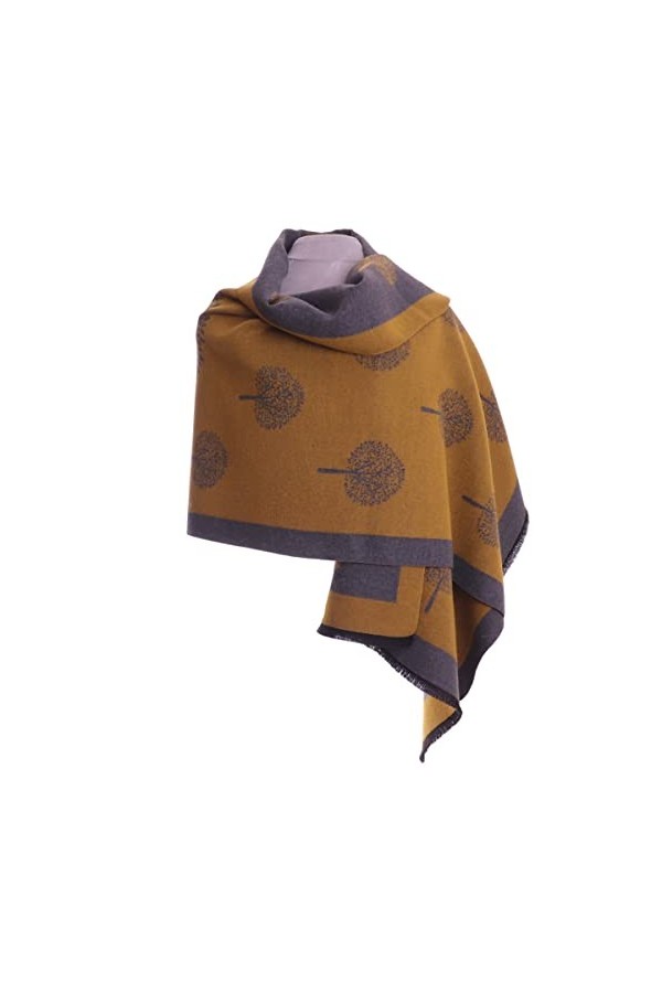 Écharpe double face avec imprimé mûrier - Imitation laine - Gris moutarde - Avec sac cadeau, moutarde, L