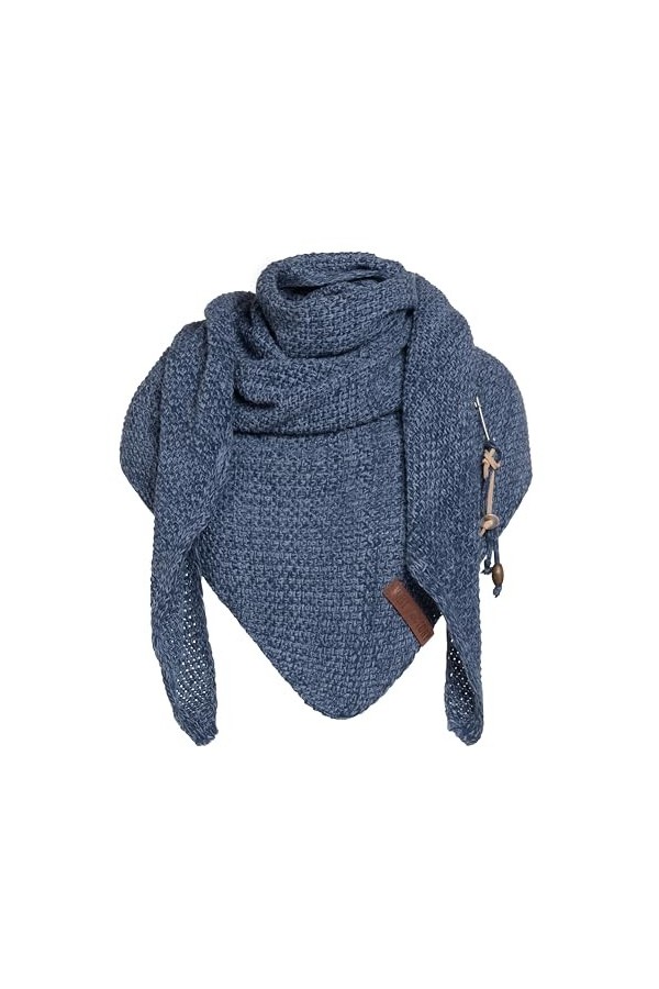 Knit Factory Coco Châle Tricoté - Foulard Triangle - Écharpe Femme - Jeans/Indigo - 190x85 cm - Y compris la broche décorativ
