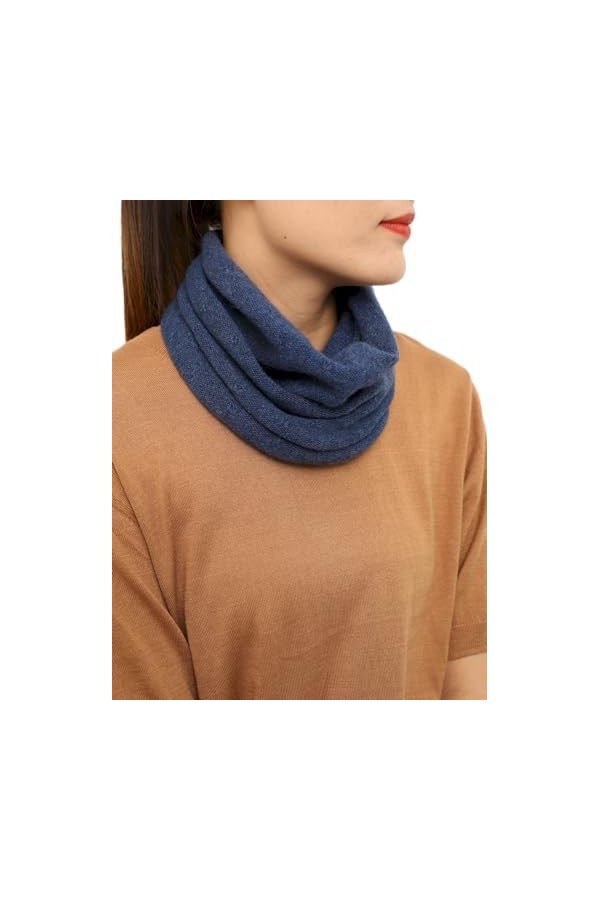 prettystern Echarpe à boucles 100% laine de cachemire tricoté léger pour Femme Foulard tubulaire bleu