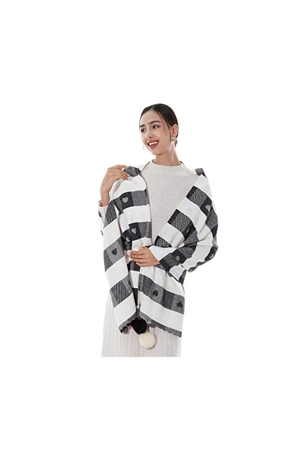 RIIQIICHY Écharpe à carreaux pashmina châle pour femme longue et grande écharpe dhiver chaude épaisse avec pompon en fourrur