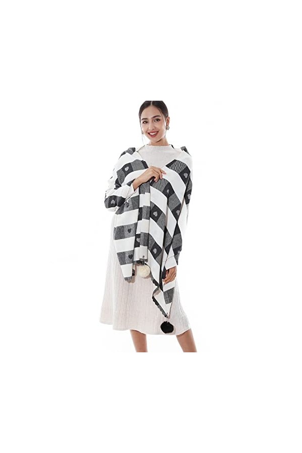 RIIQIICHY Écharpe à carreaux pashmina châle pour femme longue et grande écharpe dhiver chaude épaisse avec pompon en fourrur