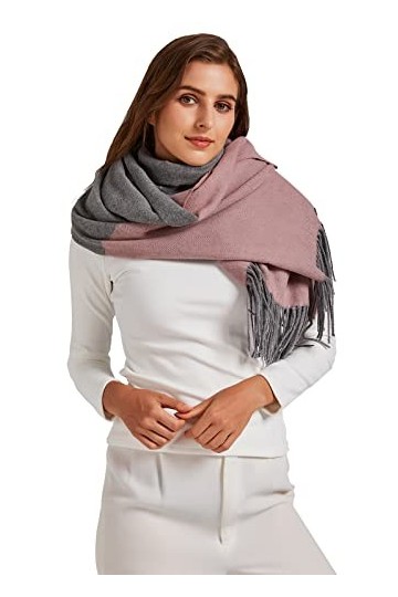 VaneriHome Écharpe en laine pour femme avec motif à carreaux classique et pompon dhiver épaisse 70 x 190 cm, Gris rose.