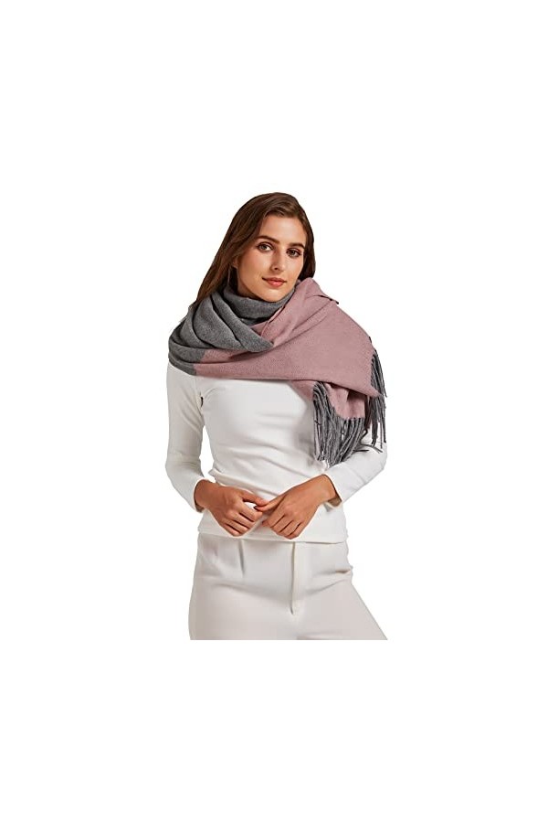 VaneriHome Écharpe en laine pour femme avec motif à carreaux classique et pompon dhiver épaisse 70 x 190 cm, Gris rose.