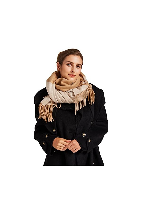 VaneriHome Écharpe en laine pour femme avec motif à carreaux classique et pompon dhiver épaisse 70 x 190 cm, Gris rose.