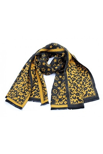 Écharpe double face moutarde gris foncé avec motif étoiles et fleurs en cachemire