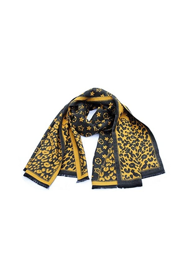 Écharpe double face moutarde gris foncé avec motif étoiles et fleurs en cachemire