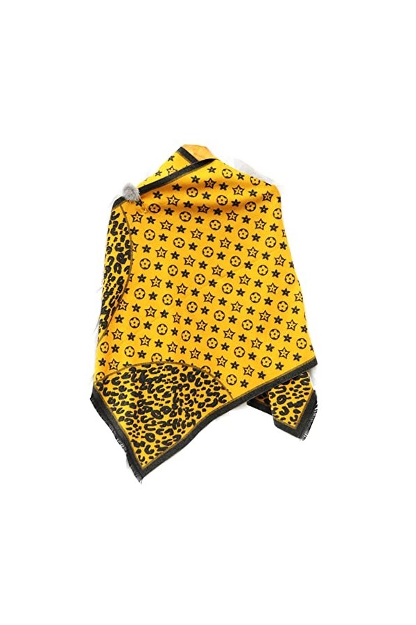 Écharpe double face moutarde gris foncé avec motif étoiles et fleurs en cachemire