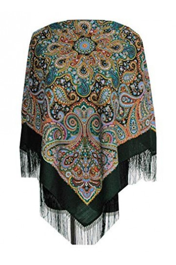 Magnifique écharpe russe Pavlovo vintage 100 % laine avec franges en soie, 89 cm x 89 cm - Vert -