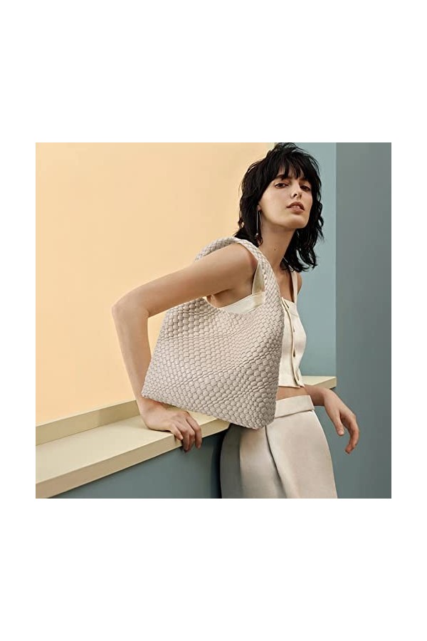 Sac à main tissé tendance pour femme - Sac à bandoulière doux dété, Blanc crème
