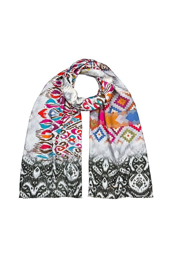 Maharanis IKAT Écharpe imprimée 100 % soie Gris argenté Multicolore 65 x 190 cm, Gris argenté coloré, Taille unique