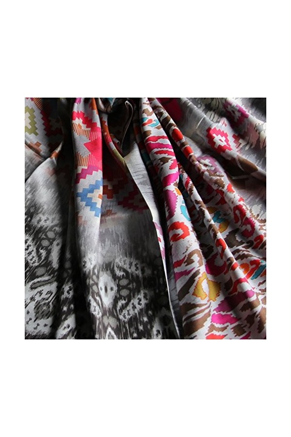 Maharanis IKAT Écharpe imprimée 100 % soie Gris argenté Multicolore 65 x 190 cm, Gris argenté coloré, Taille unique