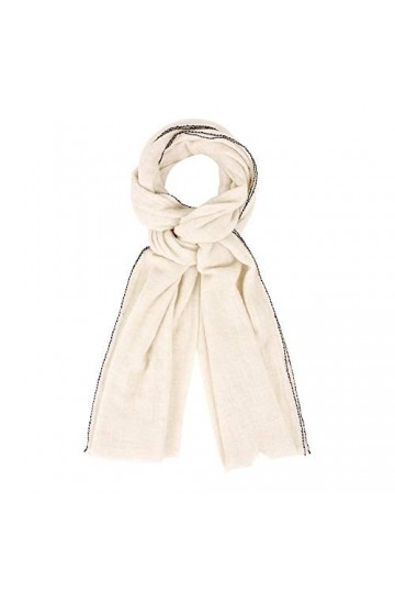 LES POULETTES - Echarpe Cachemire Et Laine Beige Bordure Bleu Navy