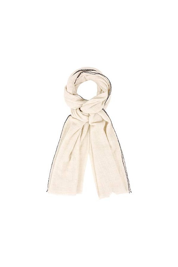 LES POULETTES - Echarpe Cachemire Et Laine Beige Bordure Bleu Navy