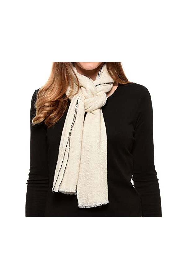 LES POULETTES - Echarpe Cachemire Et Laine Beige Bordure Bleu Navy