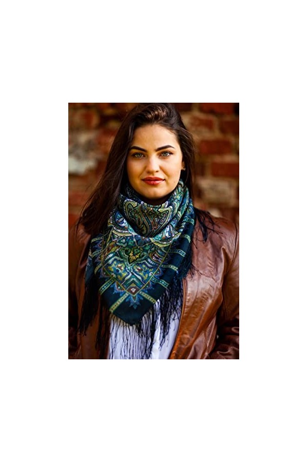 Magnifique écharpe russe Pavlovo vintage 100 % laine avec franges en soie, 89 cm x 89 cm - - Small