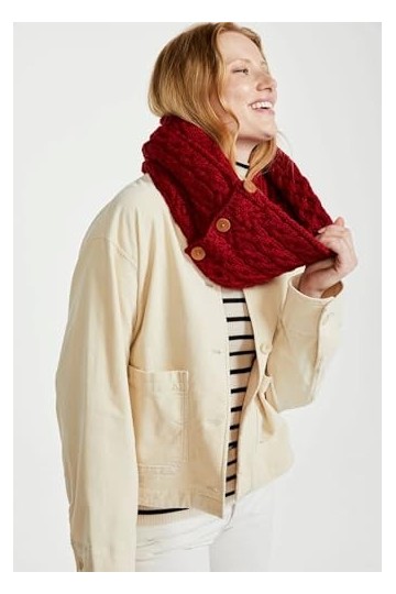 Carraig Donn Aran Woollen Mills Écharpe tour de cou avec boutons 100 % laine mérinos Rouge, Rouge riche., taille unique