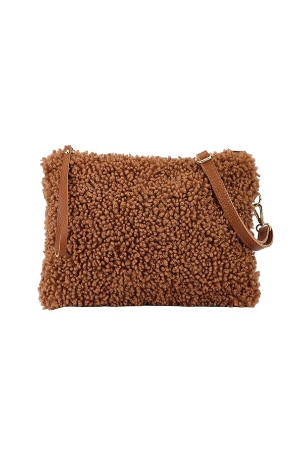 SH Leder ® Paula G390 Sac à bandoulière en peluche avec bandoulière en cuir véritable 31 x 23 cm, cognac, Small