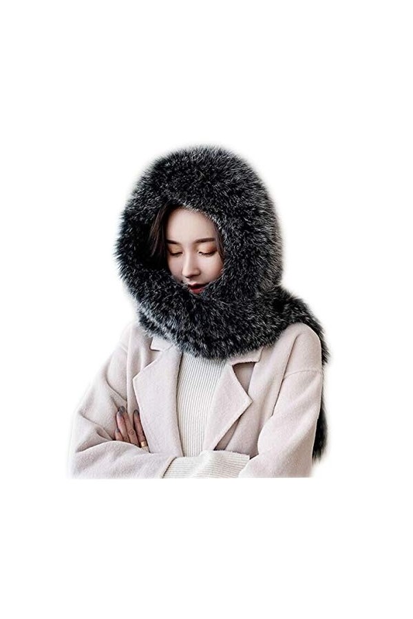 DTLDYG Femmes Tricoter Écharpe à Capuche Véritable Fourrure de Renard Écharpe de Tête Chapeau dextérieur Hiver Chaud Noir