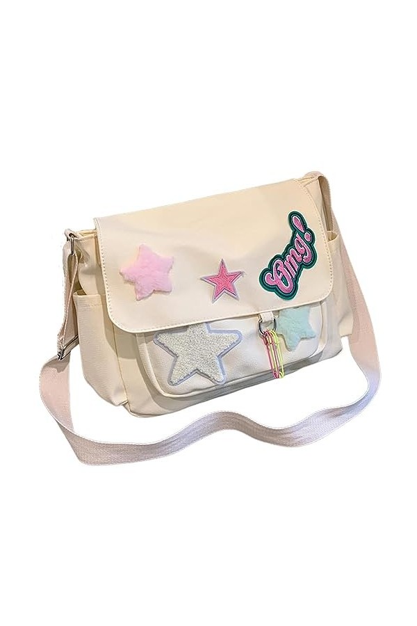 HIMS Messenger Bag Y2K Sac Bandoulière pour Ecole - Mignon Sac Besace Femme en Toile F-blanc 