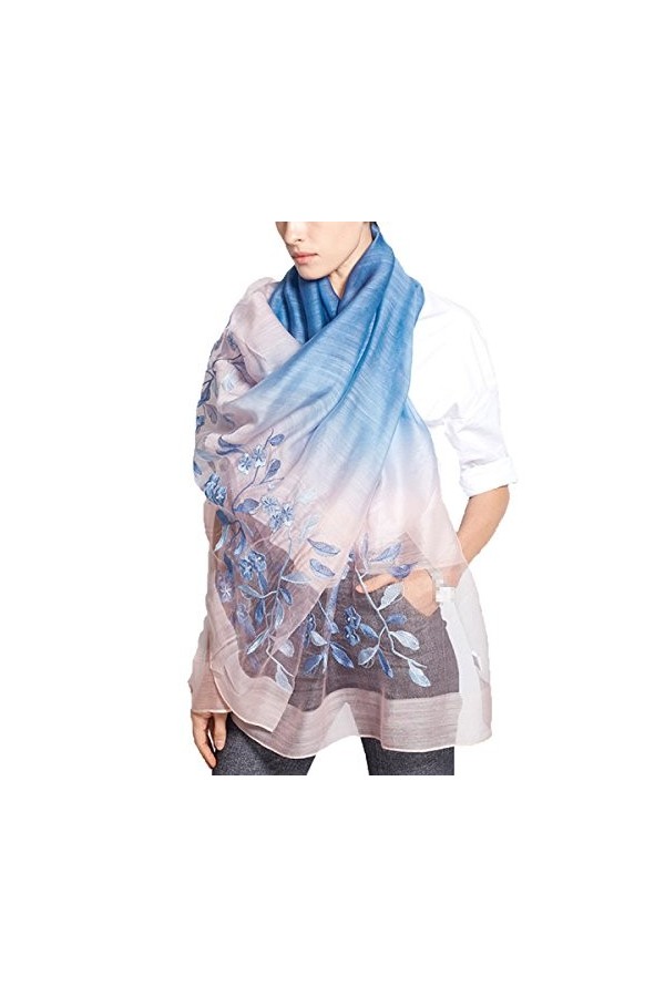 NIAIS Écharpe Brodée En Soie Châle Femme Gradient Couleur Écharpe Toute Saison,Blue-M
