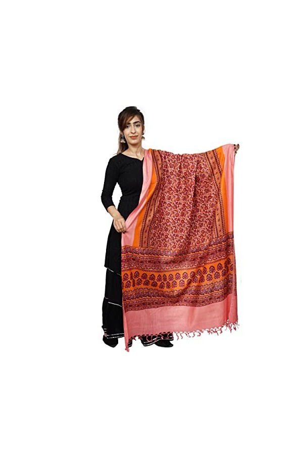 Handicraft Bazarr Pashminas traditionnel unisexe Écharpe à pompons Châle en coton doux et soie Imprimé à la main Écharpe flor