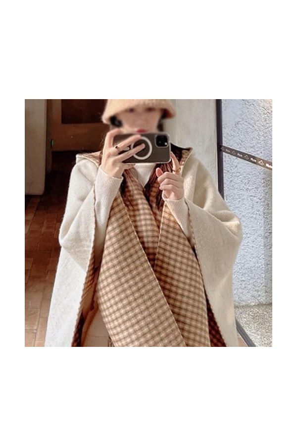 SZWH Laine Cachemire châle Automne Hiver écharpe Plaid Cape Cape épaissie Tweed Veste Femme Voyage extérieur Doux Chaud échar