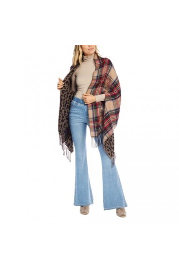 Mud Pie Écharpe réversible pour Femme Motif Tartan et léopard, Chair, Taille Unique