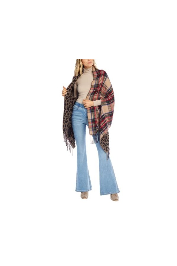 Mud Pie Écharpe réversible pour Femme Motif Tartan et léopard, Chair, Taille Unique