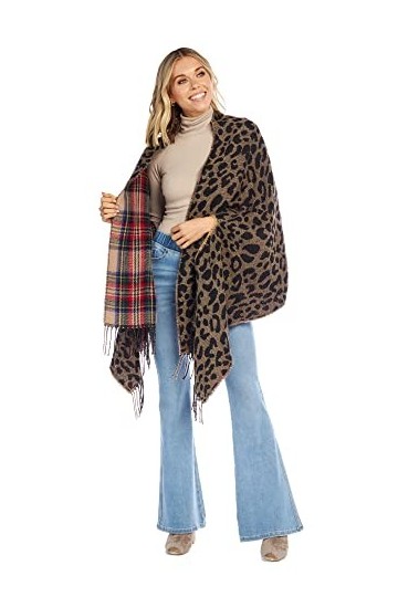 Mud Pie Écharpe réversible pour Femme Motif Tartan et léopard, Chair, Taille Unique