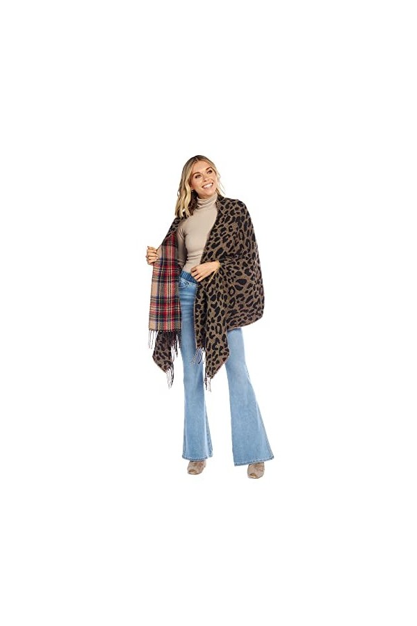 Mud Pie Écharpe réversible pour Femme Motif Tartan et léopard, Chair, Taille Unique