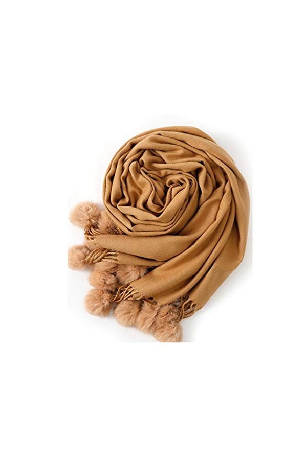 Générique Écharpe en Cachemire de Couleur Unie pour Femmes avec Pompon en Fourrure de Lapin Angora Écharpe Longue Châle Femme