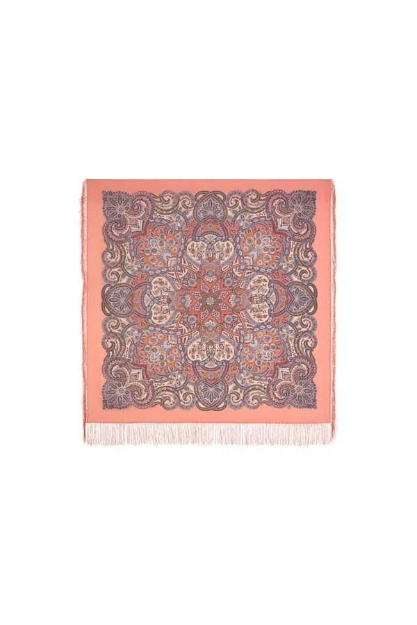 Pavlovo Posad Écharpe pour femme couleur saumon russe 100 % laine avec franges, avec cachemire et fleurs 125 cm x 125 cm, Sau