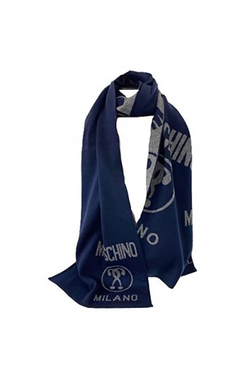 Moschino Écharpe bleu marine logo gris milan, Bleu marine et gris, 28x170cm