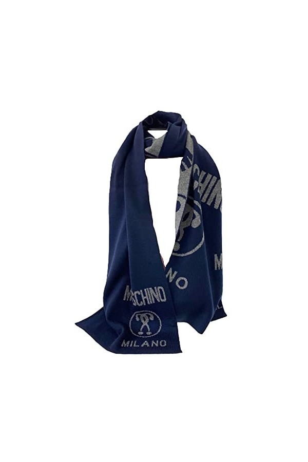 Moschino Écharpe bleu marine logo gris milan, Bleu marine et gris, 28x170cm
