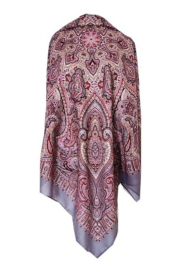 Pavlovo Posad Écharpe pour femme 100 % laine Motif cachemire Gris avec rose 125 cm x 125 cm, Gris avec rose, 125cm x 125cm