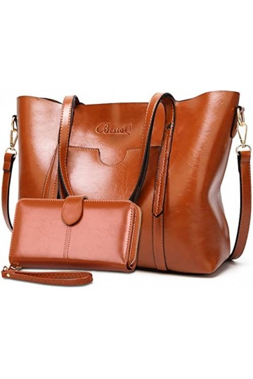 BestoU Sac a Main Femmes PU Cuir Sac à Bandoulière Dépaule Fourre-Tout Portefeuille Sac 2pcs Marron 