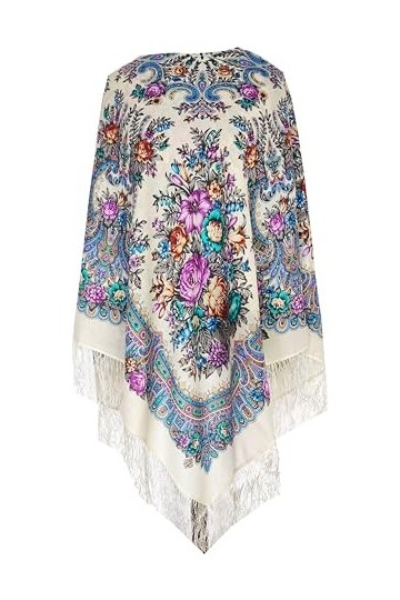 Pavlovo Posad Écharpe russe pour femme avec franges en soie 100 % laine avec cachemire et fleurs 125 cm x 125 cm, Blanc., 125