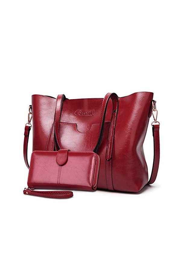 BestoU Sac a Main Femmes PU Cuir Sac à Bandoulière Dépaule Fourre-Tout Portefeuille Sac 2pcs Marron 