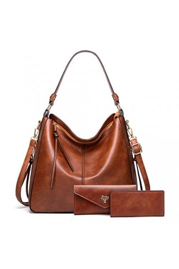 BestoU Sac a Main Femmes PU Cuir Sac à Bandoulière Dépaule Fourre-Tout Portefeuille 3pcs Set Marron 