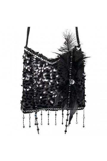 Boland 36000 - Sac à main Flapper, noir, 19 x 19 cm, paillettes, perles, plumes, scintillement, charleston, années 20, carnav