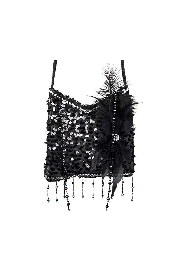 Boland 36000 - Sac à main Flapper, noir, 19 x 19 cm, paillettes, perles, plumes, scintillement, charleston, années 20, carnav