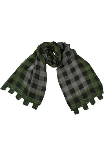 Écharpe tissée pour femme Mania Olive vert à carreaux gris brodé à la main Soie Laine Écharpes à paillettes