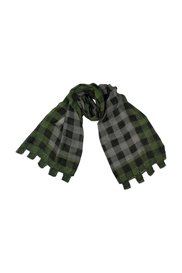 Écharpe tissée pour femme Mania Olive vert à carreaux gris brodé à la main Soie Laine Écharpes à paillettes