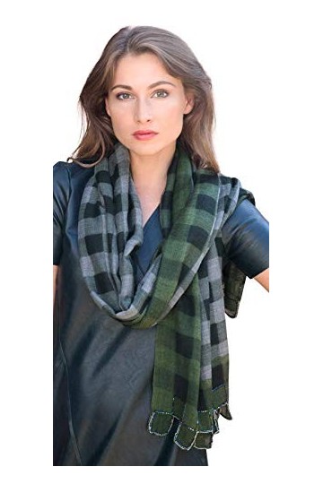 Écharpe tissée pour femme Mania Olive vert à carreaux gris brodé à la main Soie Laine Écharpes à paillettes