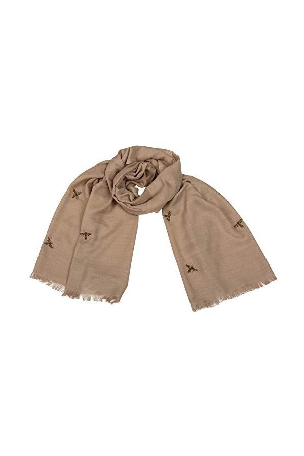 Écharpe Femme Anais Main Brodée Abeille Beige Laine Coton